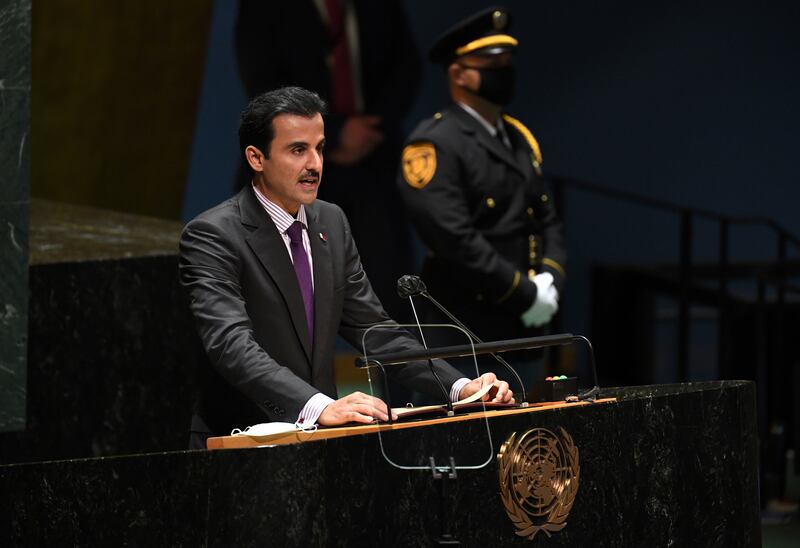 Qatari ruler Sheikh Tamim addresses the session. AP Photo
