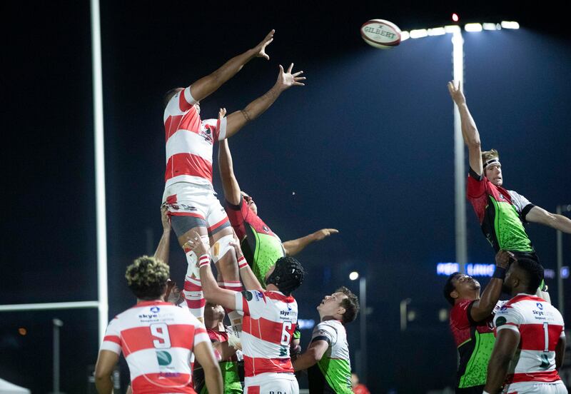 Harlequins and Tigers players contest a line-out.  Ruel Pableo for The National