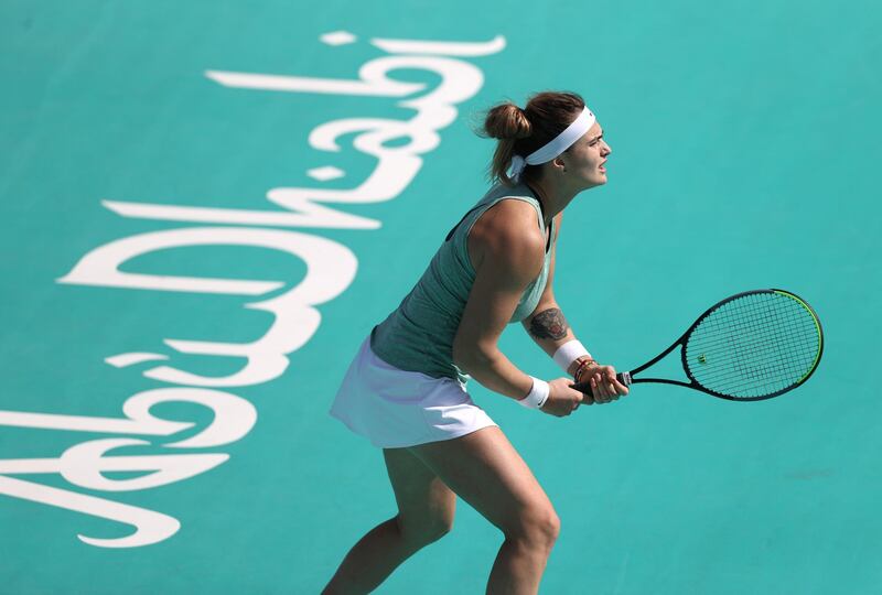 Aryna Sabalenka of Belarus in action against Polona Hercog of Slovenia during their Women's Singles match on Day Two of the Abu Dhabi WTA Women's Tennis Open. Getty Images