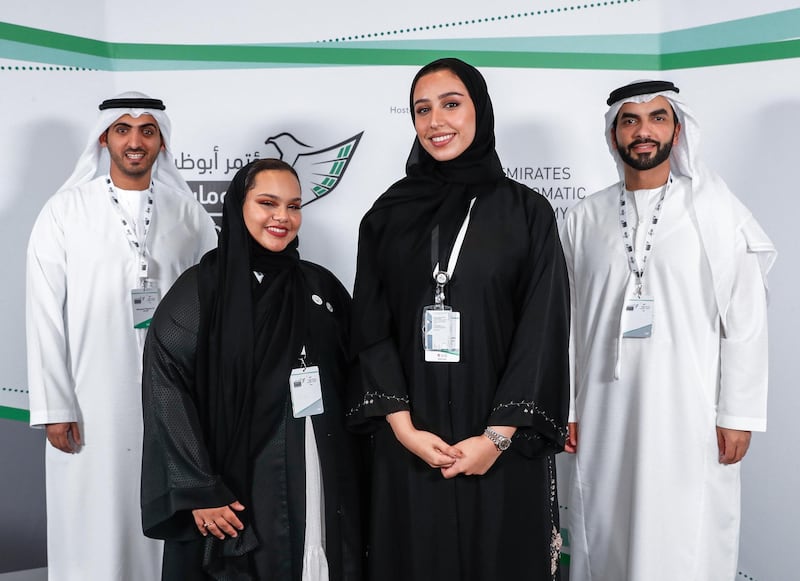 Abu Dhabi, U.A.E., November 15, 2018.  
DIPLOCON AUH 2018 day 2.  Emirati Students.  --(L-R) Mohamed Al Areefi, Hamda Al Shaiji, Bakhita Al Remeithi and Rashid Al Zaabi.
 Victor Besa / The National
Section:  NA
Reporter:  Daniel Sanderson