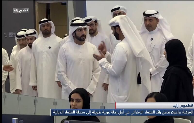 Sheikh Hamdan bin Mohammed, Crown Prince of Dubai, watches from the Mohammed bin Rashid Space Centre as the Falcon 9 rocket lifts off . Photo: Dubai Media Office