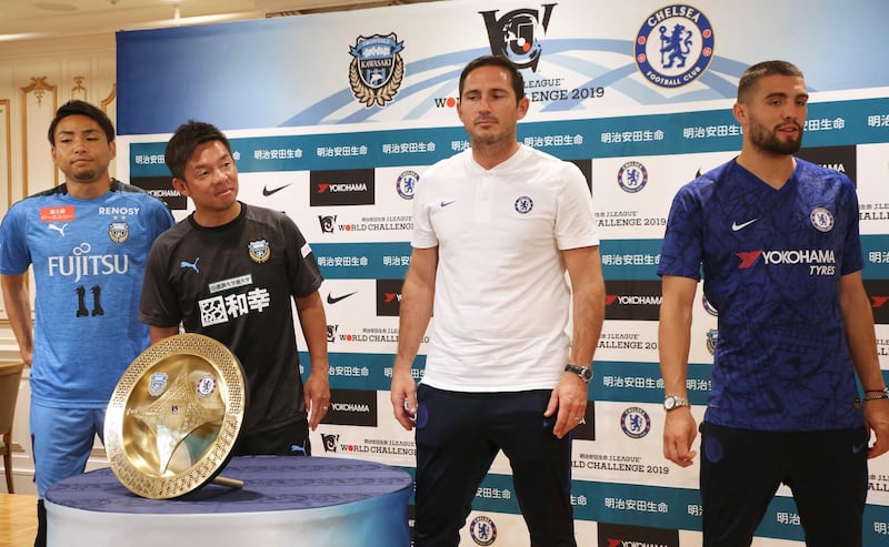 From right to left: Chelsea's Mateo Kovacic, manager Frank Lampard, Kawasaki Frontale manager Toru Oniki and player You Kobayashi at a press conference ahead of the pre-season freindly between the two clubs. AP Photo