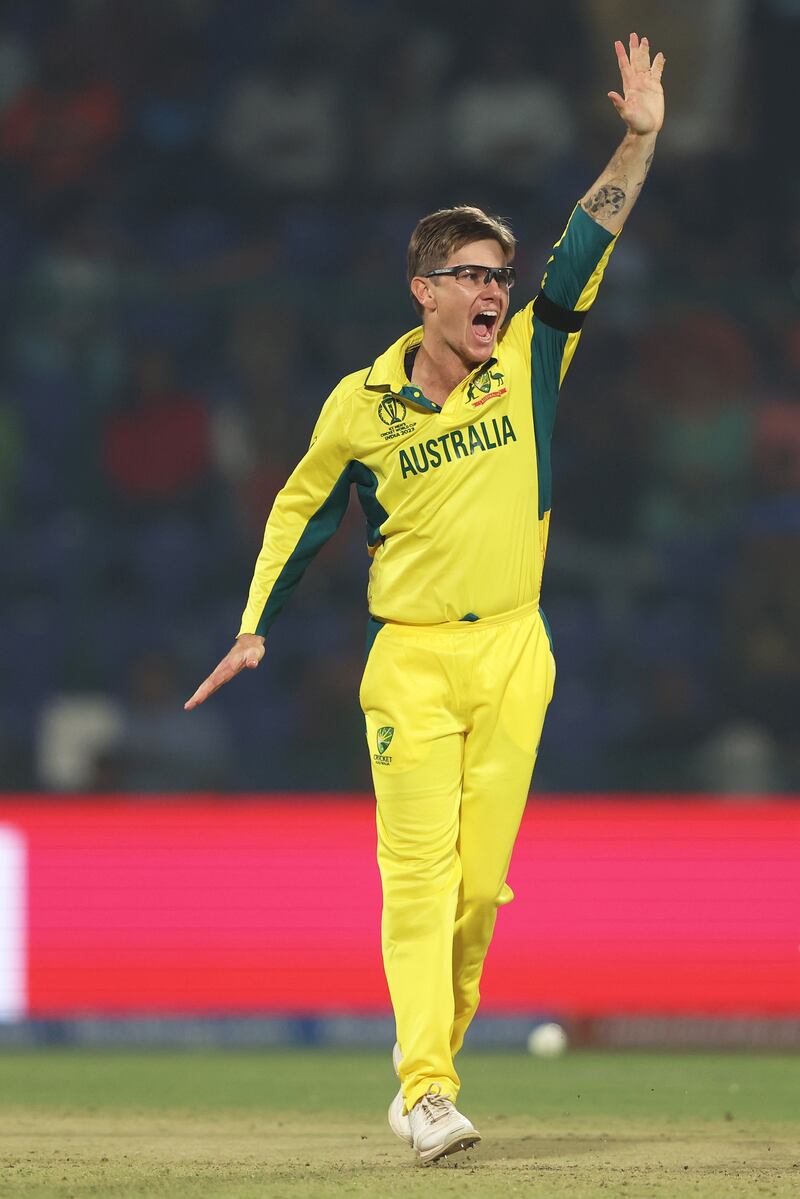 Australia's Adam Zampa celebrates the wicket of Aryun Dutt of the Netherlands. Zampa finished with 4-8 as the Dutch were bowled out for 90. Getty Images