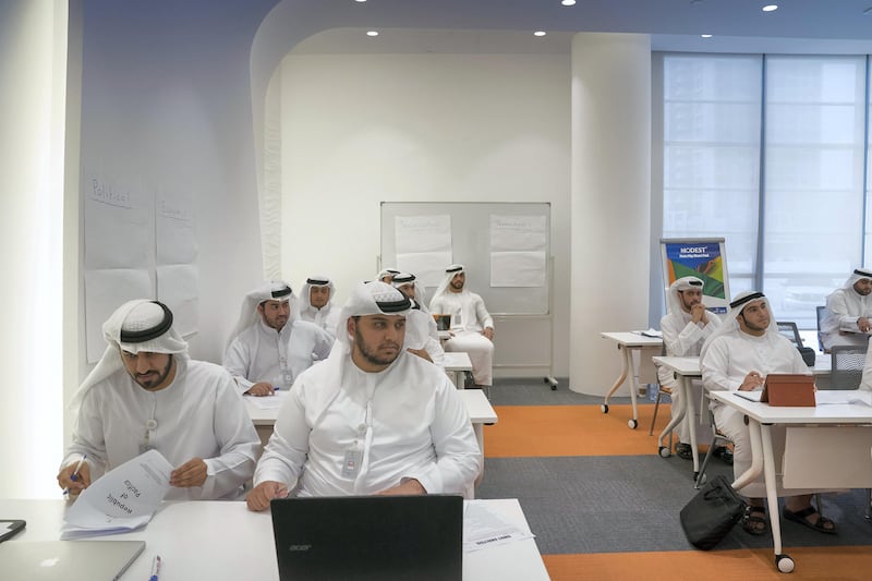 ABU DHABI, UNITED ARAB EMIRATES - September 20, 2017: Students attend a class during the inauguration of the Rabdan Academy.

( Mohamed Al Hammadi / Crown Prince Court - Abu Dhabi )
---