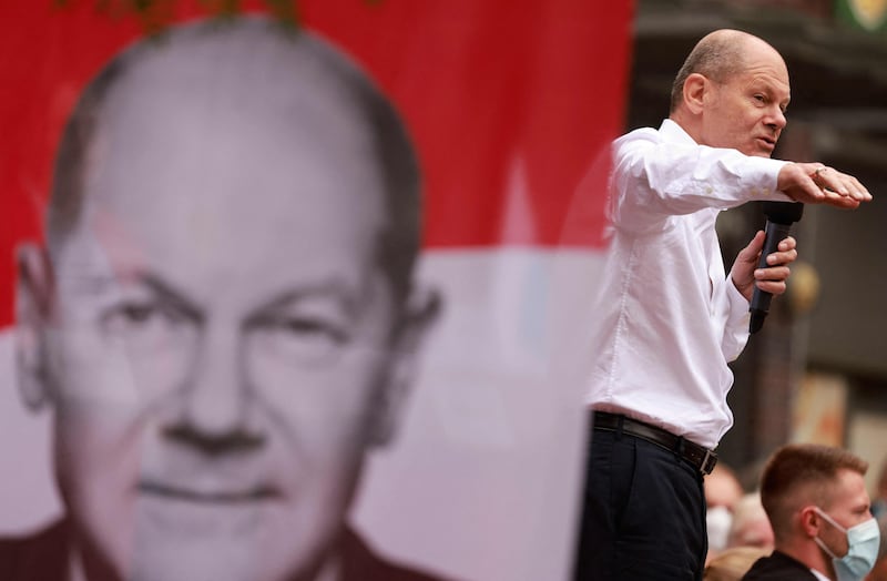 Germany's social democratic SPD party candidate Olaf Scholz, who is in the running to replace Angela Merkel as Chancellor, speaks during an election campaign event in Lehrte, in the north of the country. AFP