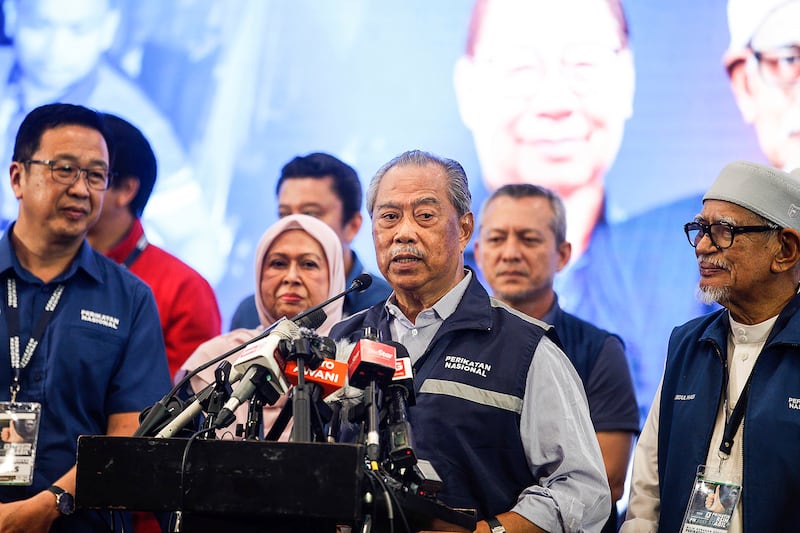 Mr Muhyiddin delivers his speech after the announcement of the results in Subang, Malaysia. AP