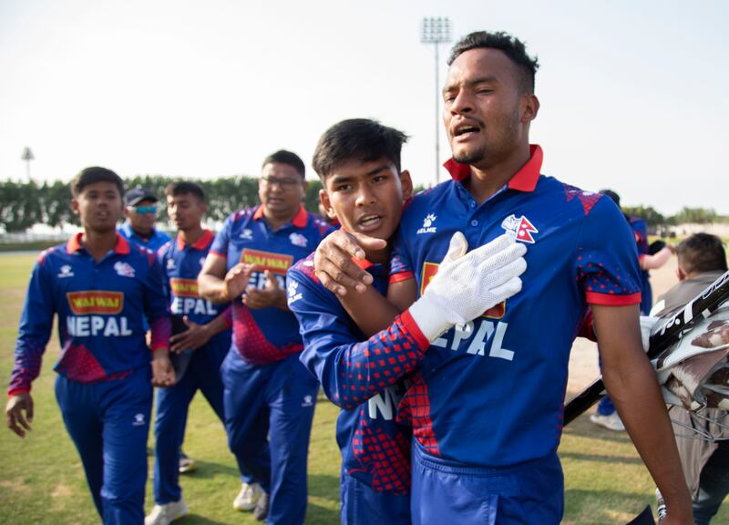 Nepal celebrating beating UAE in their Under-19 World Cup qualifying match.