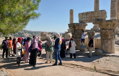 Visitors tour the Amman Citadel in Jordan. The rebound in the Jordanian economy has helped to improve operating conditions for the country’s financial institutions, according to Moody’s. Reuters