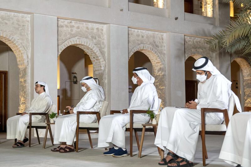 ABU DHABI, UNITED ARAB EMIRATES - April 07, 2021: (L-R) HH Sheikh Mansour bin Zayed Al Nahyan, UAE Deputy Prime Minister and Minister of Presidential Affairs, HE Dr Anwar bin Mohammed Gargash, Diplomatic Advisor to the UAE President, HE Ali Mohamed Hammad Al Shamsi, Deputy Secretary-General of the UAE Supreme National Security Council and HH Sheikh Shakboot bin Nahyan bin Mubarak Al Nahyan, UAE Minister of State, attend a meeting with HE Abdul Hamid Dbeibeh, Prime Minister of Libya (not shown), at at Qasr Al Hosn.

( Mohamed Al Hammadi / Ministry of Presidential Affairs )
---