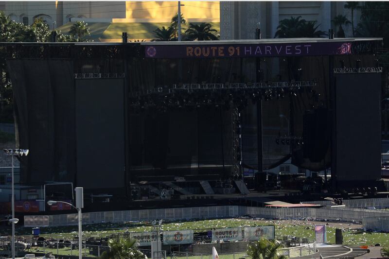 The scene in front of the stage following a mass shooing at the Route 91 Harvest Country Music Festival on the Las Vegas Strip in Las Vegas, Nevada, US. Mike Blake / Reuters