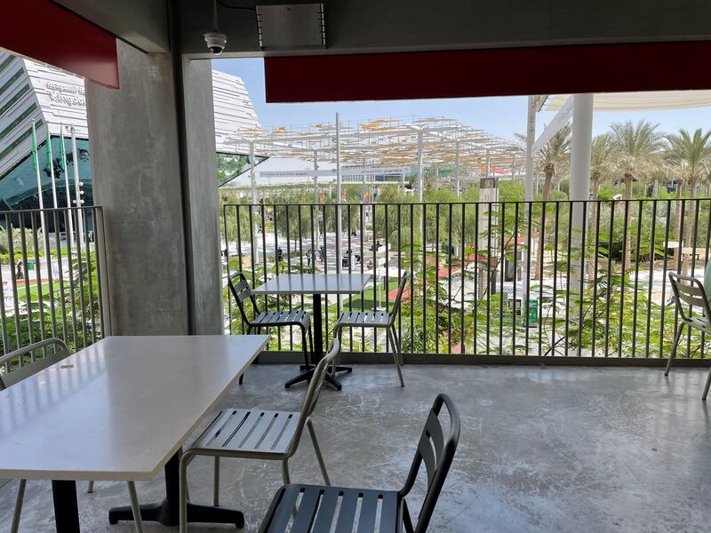 The outdoor seating area on the first floor of Al Baik Expo 2020. Janice Rodrigues / The National