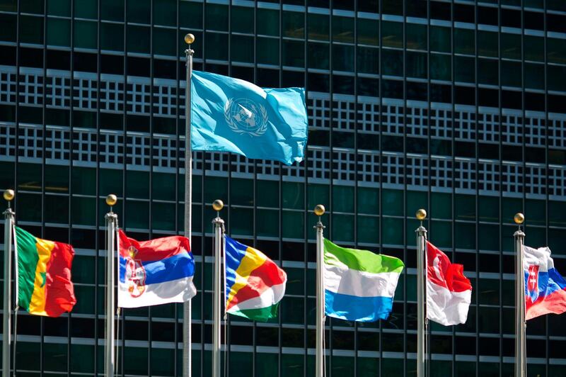 (FILES) In this file photo taken on September 24, 2015 international flags fly in front of the United Nations headquarters  before the start of the 70th General Assembly meeting.  North Korea and Iran will dominate this week's gathering of world leaders at the United Nations, where President Donald Trump will be in the spotlight as he continues to upend global diplomacy. After warming up to North Korean leader Kim Jong Un and ditching the Iran nuclear deal, the unpredictable Trump takes the podium on September 25, 2018 to face foes and increasingly uneasy allies at the UN General Assembly.
 / AFP / DOMINICK REUTER
