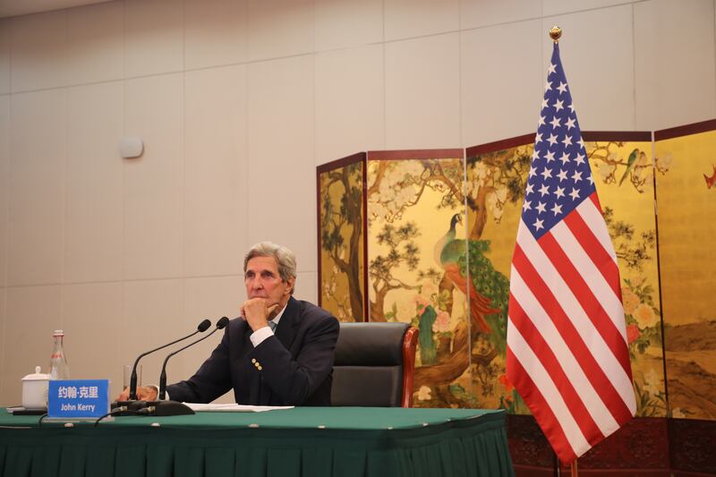 US climate envoy John Kerry attends a meeting via video link with Chinese Director of the Office of the Foreign Affairs Commission Yang Jiechi from Tianjin, China on September 2, 2021.  Reuters