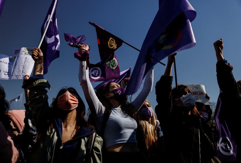 Activists attend a gathering to protest against Turkey's withdrawal from Istanbul Convention, an international accord designed to protect women, in Istanbul, Turkey. Reuters