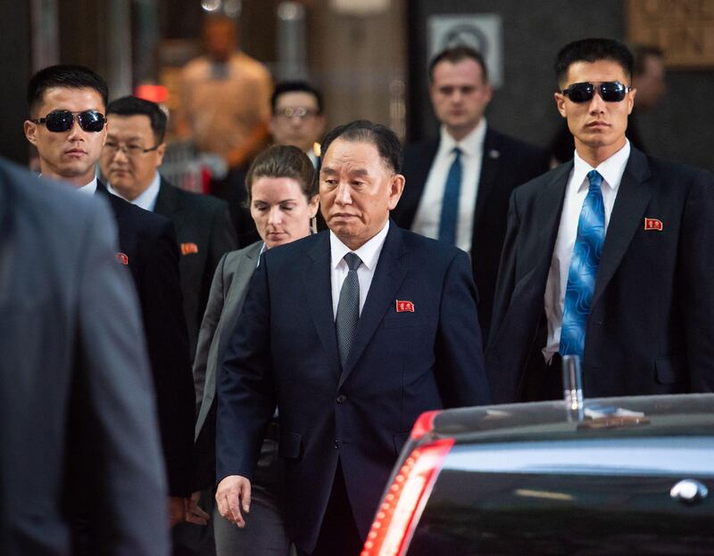 Kim Young Chol, the Vice Chairman of North Korea, leaves the Millennium Hotel on May 30, 2018 in New York.  The North Korean senior official arrived in New York earlier on May 30, 2018 for talks on salvaging a summit meeting between US President Donald Trump and North Korean leader Kim Jong Un.
 / AFP / COREY SIPKIN
