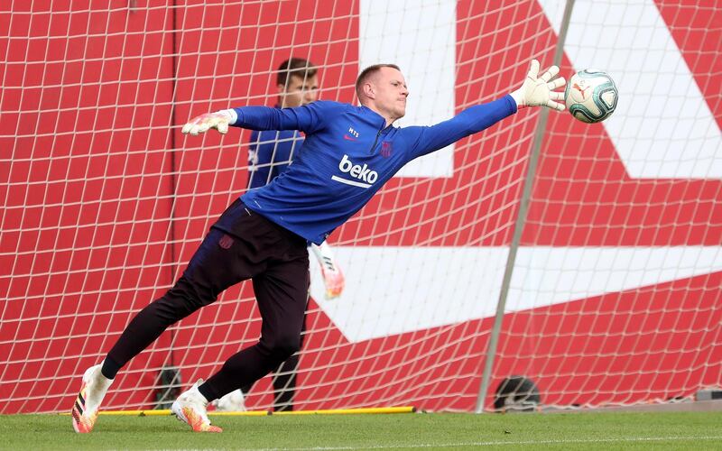 Barcelona goalkeeper Marc-Andre ter Stegen during a training session at Joan Gamper sports city. EPA