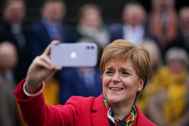 DUNDEE, SCOTLAND - DECEMBER 14: First Minister, Nicola Sturgeon, joins the SNPs newly elected MPs for a group photo outside the V&A Museum on December 14, 2019 in Dundee, Scotland.The Scottish National Party (SNP) won 48 out of a possible 59 Westminster seats in the UK general election. Leader of the SNP, Nicola Sturgeon said the win is a "mandate for Indyref2" to decide if Scotland remains part of the United Kingdom. (Photo by Jeff J Mitchell/Getty Images)
