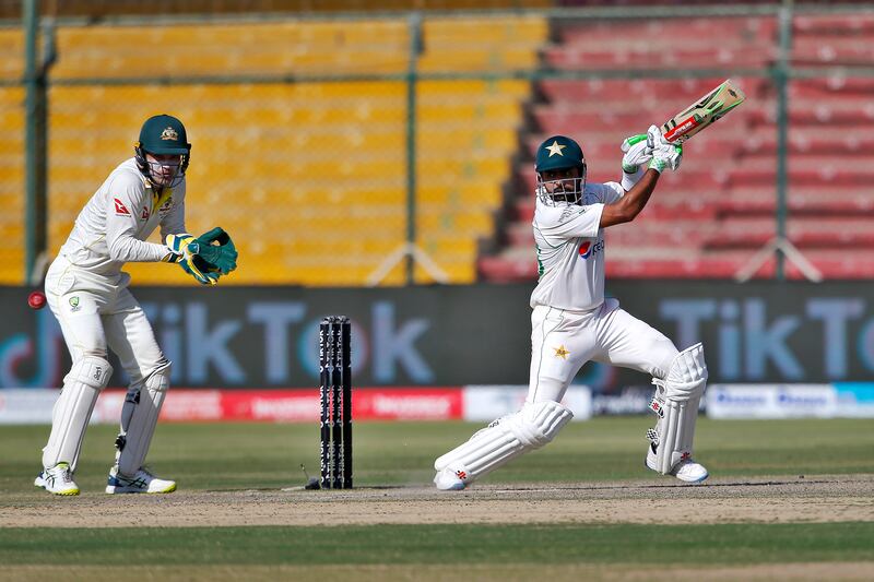 Pakistan captain Babar Azam on his way to an unbeaten century against Australia on Day 4 of the second Test at the National Stadium in Karachi, on Tuesday, March 15, 2022. AP