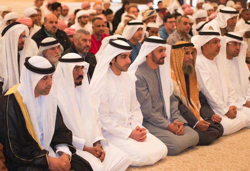 Sheikh Hazza bin Tahnoun, Under-Secretary of the Court of the Ruler’s Representative in the Eastern Region, performs prayers on Tuesday, at the Sheikh Hamdan bin Zayed the First Mosque in Al Ain. Wam