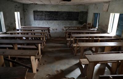 An empty class room following an attack by gunmen at Government Science College, Kagara, Nigeria, Thursday, Feb. 18, 2021. Gunmen have attacked a school in Nigeria's northcentral Niger State, killing at least one student and abducting more than 40 people including students and teachers, according to an official, teacher and a prefect. (AP Photo)