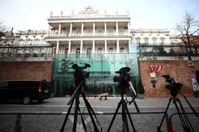 Cameras stand outside Palais Coburg hotel, where Iran is meeting with European, Russian and Chinese negotiators to revive the JCPOA nuclear deal. Reuters.
