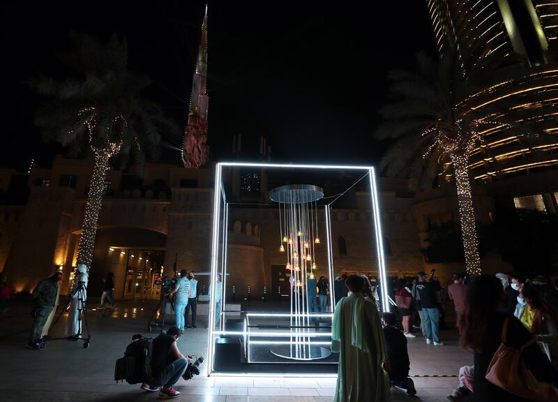 Dubai, United Arab Emirates - Reporter: N/A. News. Art. Al Hai, a series of enthralling light installations adorning Downtown Dubai Boulevard. This piece is called Al Majilis. Dubai. Thursday, January 5th, 2021. Chris Whiteoak / The National