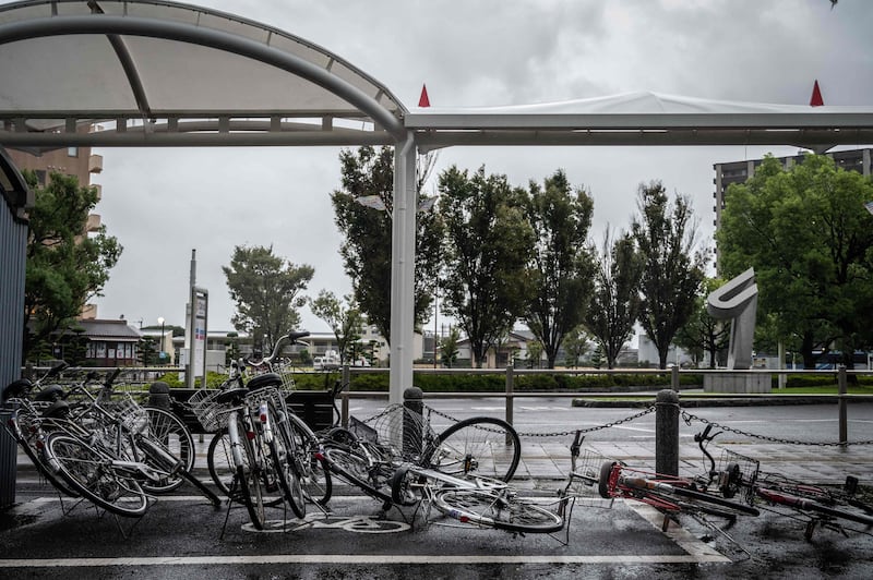 Bicycles blown over by the storm. AFP