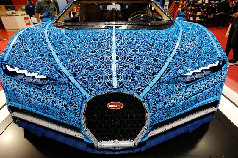 A Bugatti Chiron car made out of Lego blocks is pictured during the first press day of the Paris auto show, in France. Regis Duvignau/Reuters