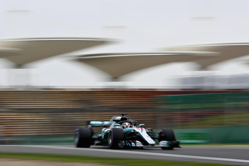 SHANGHAI, CHINA - APRIL 13: Lewis Hamilton of Great Britain driving the (44) Mercedes AMG Petronas F1 Team Mercedes WO9 on track during practice for the Formula One Grand Prix of China at Shanghai International Circuit on April 13, 2018 in Shanghai, China.  (Photo by Mark Thompson/Getty Images)