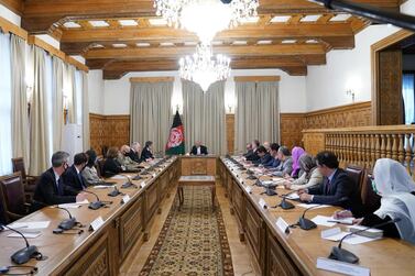 US Secretary of State Antony Blinken (9L) meets with Afghan President Ashraf Ghani (C), in Kabul on April 15. AFP
