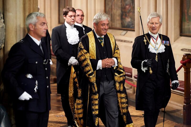 FILE PHOTO: Gentleman Usher of the Black Rod David Leakey (R) walks with Speaker of the House of Commons John Bercow (L) across the Central Lobby of the Palace of Westminster during the State Opening of Parliament in central London, Britain June 21, 2017. REUTERS/Niklas Halle'n/Pool/File Photo