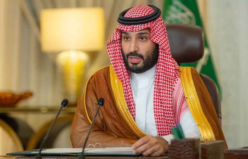 Saudi Arabia's Crown Prince Mohammed bin Salman gives a speech from his office as he addresses the Saudi Green Initiative forum opening ceremony, in Riyadh. Courtesy of Saudi Royal Court