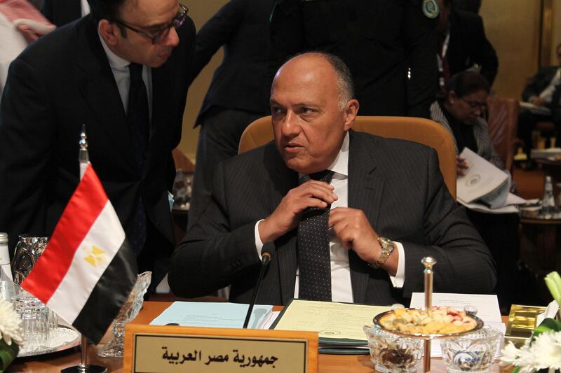 Egyptian foreign minister Sameh Shoukry attends a preparatory meeting of Arab Foreign Ministers in Riyadh, Saudi Arabia on April 12 April. Ahmed Yosri / EPA