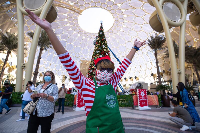 Expo 2020 Dubai's Christmas tree being put up by the elves. Victor Besa / The National