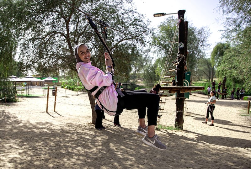 Dubai, United Arab Emirates, January 20, 2020. 
FOR:  Standalone  --  Aya Sirriyeh does the first and basic zipline after safety instructions at the Aventura Park, Mushrif Park.
Victor Besa / The National
Section:  BZ
Reporter:  David Dunn