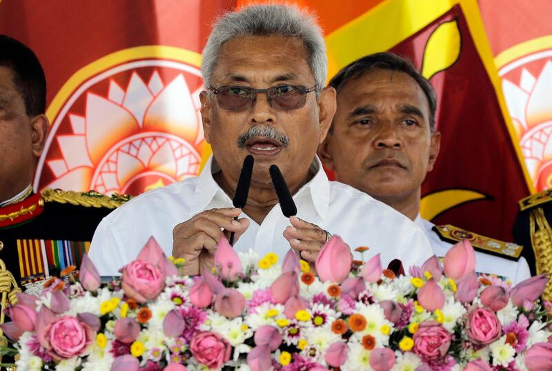 epa08005454 Sri Lanka's newly elected president Gotabaya Rajapksa addresses the nation after taking the oath of office during the swearing in ceremony at Anuradhapura, Sri Lanka, 18 November 2019. Rajapaksa defeated ruling party's candidate Sajith Premadasa in the presidential election.  EPA/STR