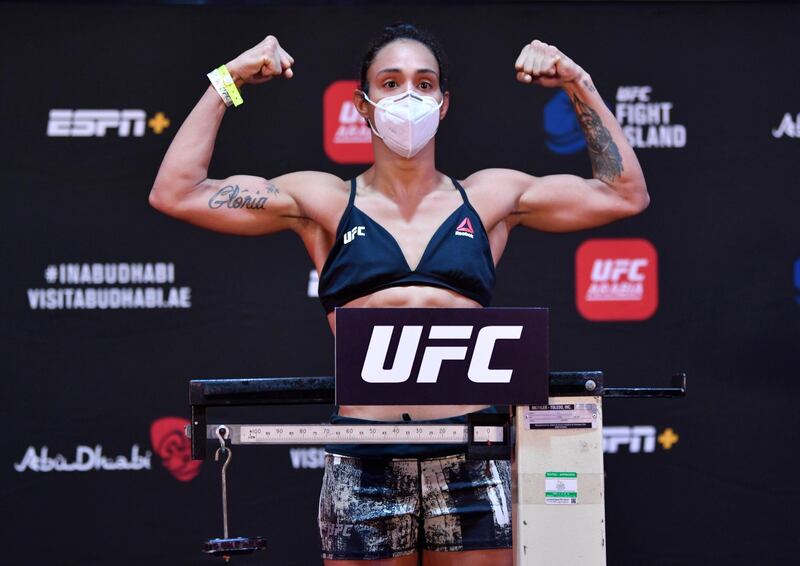 ABU DHABI, UNITED ARAB EMIRATES - JULY 14: Taila Santos of Brazil poses on the scale during the UFC Fight Night weigh-in inside Flash Forum on UFC Fight Island on July 14, 2020 in Yas Island, Abu Dhabi, United Arab Emirates. (Photo by Jeff Bottari/Zuffa LLC via Getty Images)