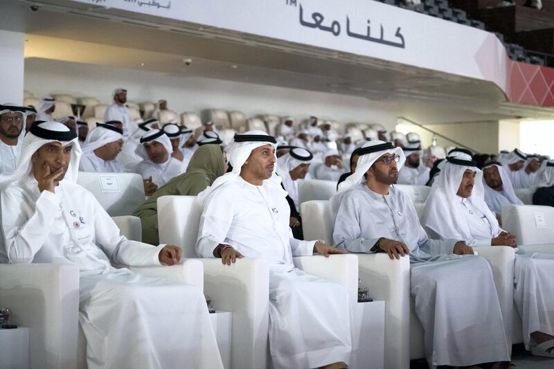 ABU DHABI, UNITED ARAB EMIRATES - March 21, 2019:  (L-R) HE Dr Thani Al Zeyoudi, UAE Minister for Climate Change and Environment, HE Dr Ahmed Abdullah Humaid Belhoul Al Falasi, UAE Minister of State for Higher Education, HE Dr Sultan Ahmed Al Jaber, UAE Minister of State, Chairman of Masdar and CEO of ADNOC Group and HE Ahmed Juma Al Zaabi, UAE Deputy Minister of Presidential Affairs, attend the closing ceremony of the Special Olympics World Games Abu Dhabi 2019, at Zayed Sports City. 
( Ryan Carter for the Ministry of Presidential Affairs )
---