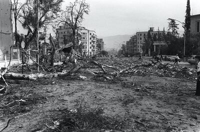 Picture taken 15 November 1976 of an avenue in central Beirut destroyed by year-and-half civil war. In early June 1976, Syria launched a full-scale invasion of Lebanon officially to end the civil war and restore peace, but unofficialy, it became clear, to crush the Palestinians. During the course of the fighting there had been more that 50 abortive cease-fires and an estimated 60,000 people had been killed and some 100,000 injured. The Lebanese civil war erupted in April 1975. AFP PHOTO XAVIER BARON (Photo by XAVIER BARON / AFP)
