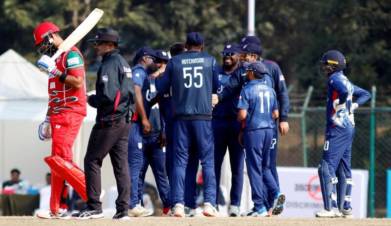 Team USA celebrate during the ICC Cricket World Cup League 2 match between USA and Oman at TU Cricket Stadium on 6 February 2020 in Nepal (1)