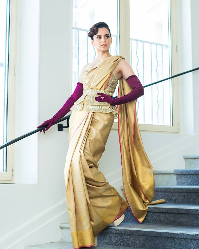 Kangana Ranaut in a Falguni and Shane PeacocK corset paired with a Kanjeevaram sari by Madhurya Creations at Cannes in 2018. Photo: Instagram / kanganaranaut