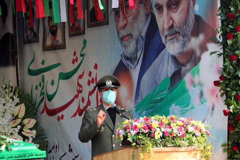 Iranian Defense Minister Amir Hatami speaks during the funeral ceremony of Iranian nuclear scientist Mohsen Fakhrizadeh, in Tehran, Iran. Reuters