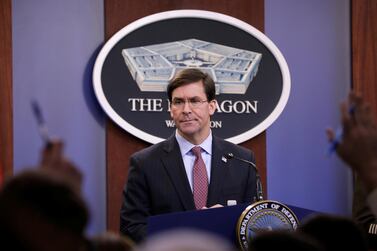 US Defence Secretary Mark Esper speaks during a press briefing at the Pentagon on Friday. Reuters