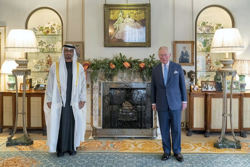 LONDON, UNITED KINGDOM - December 10, 2020: HH Sheikh Mohamed bin Zayed Al Nahyan, Crown Prince of Abu Dhabi and Deputy Supreme Commander of the UAE Armed Forces (L), stands for a photograph with HRH Prince Charles, The Prince of Wales (R), at Clarence House.

( Rashed Al Mansoori / Ministry of Presidential Affairs )
---