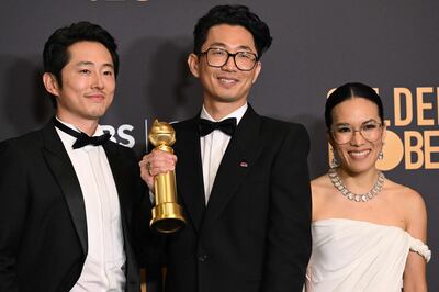 From left, Steven Yeun, writer Lee Sung Jin and Ali Wong, winners of the Best Performances in a Limited Series, Anthology Series, or Motion Picture Made for Television and Limited Series, Anthology Series, or Motion Picture Made for Television award for Beef. AFP