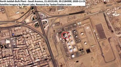 This Monday, Nov. 23, 2020 satellite image from Planet Labs Inc. annotated by TankerTrackers.com, shows a damaged tank and fire-suppressing foam on the ground at a Saudi Arabian Oil Co. facility in Jiddah, Saudi Arabia. Yemen's Houthi rebels said they struck a Saudi oil facility in the port city of Jiddah on Monday with a new cruise missile, just hours after the kingdom finished hosting its virtual Group of 20 leaders summit. (Planet Labs Inc. via AP)