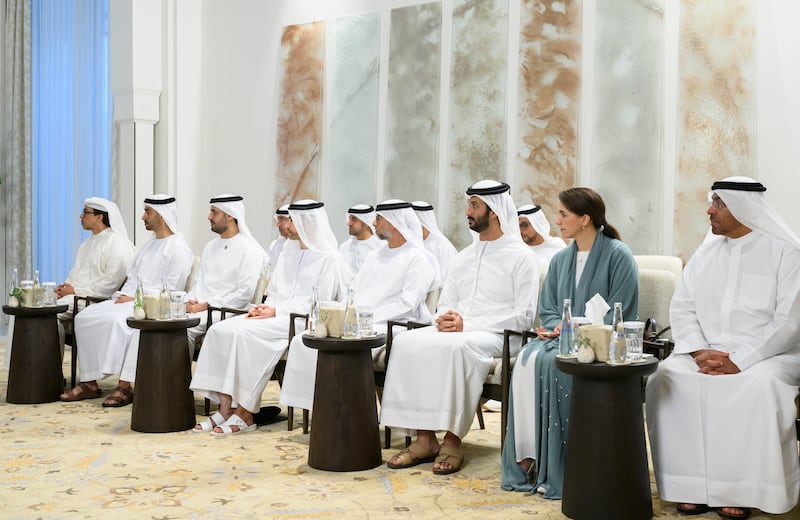 From left, Sheikh Mansour bin Zayed, Deputy Prime Minister and Minister of the Presidential Court; Sheikh Hamdan bin Mohamed; Sheikh Mohamed bin Hamad, adviser for Special Affairs at the Presidential Court; Suhail Al Mazrouei, Minister of Energy and Infrastructure; Abdulla bin Touq, Minister of Economy; Mariam Al Mheiri, Minister of Climate Change and Environment; and Ahmed Al Sayegh, Minister of State, attend a meeting with Mr Japarov at Al Shati Palace.