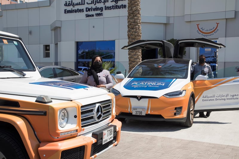 Dubai, United Arab Emirates - A Mercedes and Tesla at the Emirates Driving Institute, Dubai.  Leslie Pableo for The National