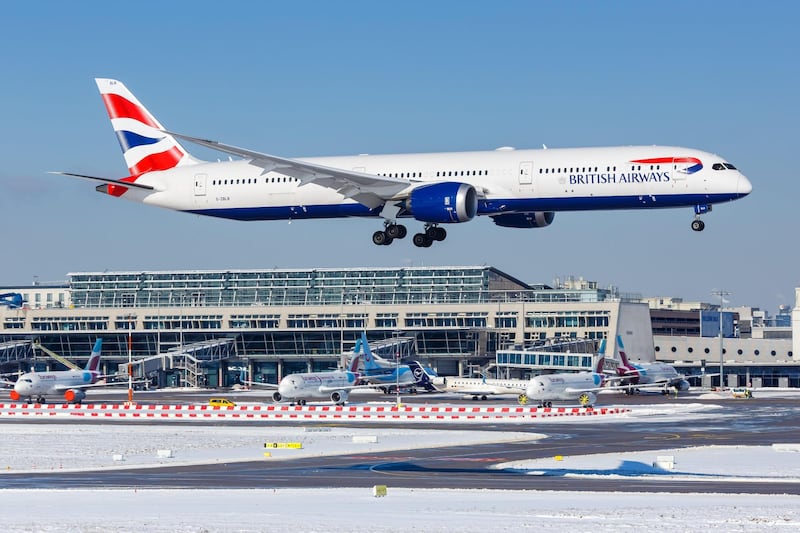 2EHR62A Stuttgart, Germany - February 11, 2021: British Airways Boeing 787-10 Dreamliner airplane at Stuttgart Airport (STR) in Germany.