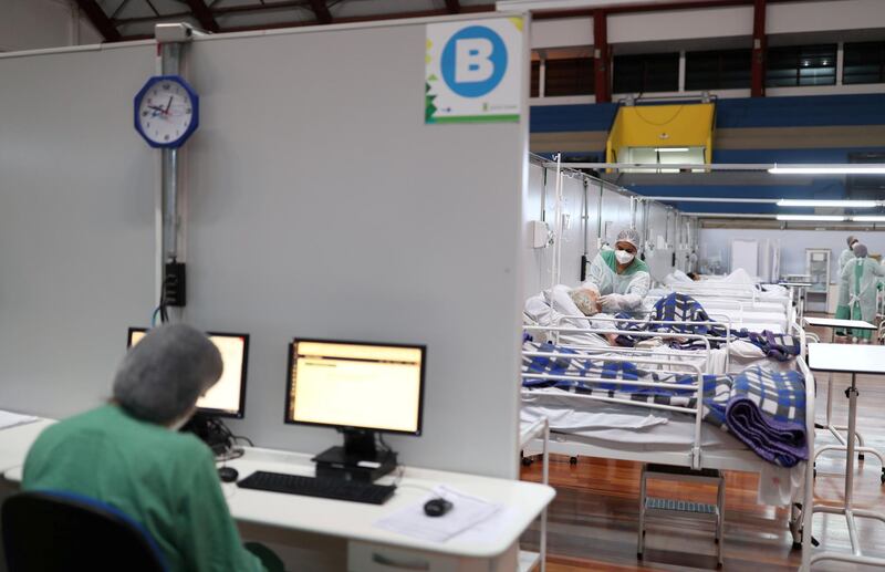 A nurse she works during the New Year at a field hospital set up at a sports gym to treat patients suffering with the coronavirus disease (COVID-19) in Santo Andre, Sao Paulo state, Brazil. Reuters